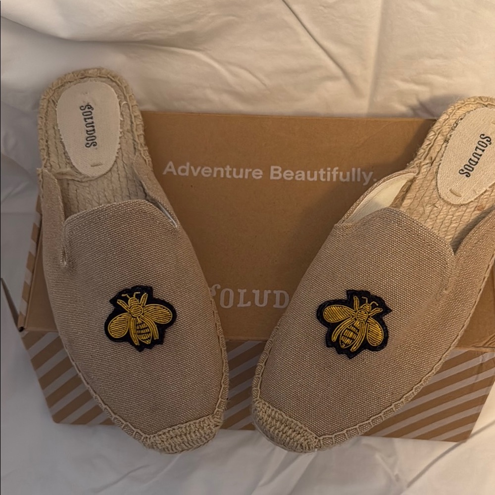 Soludos Tan Espadrilles with Bee Metallic Embroidery